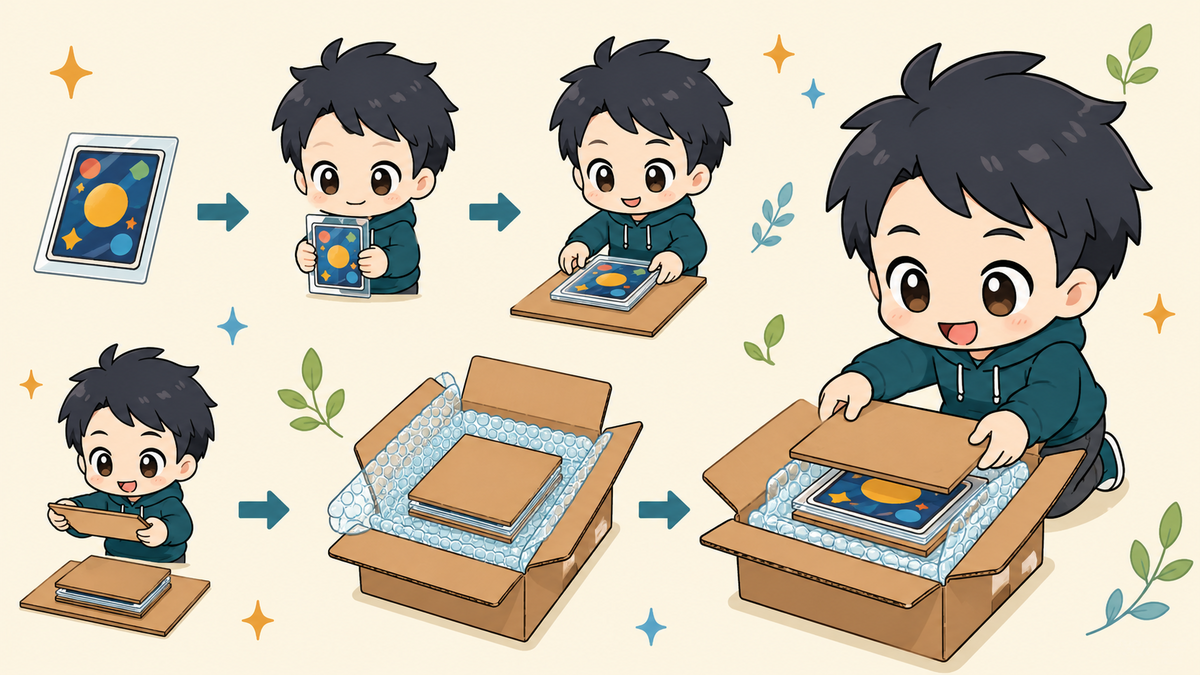 トレカを厚紙と緩衝材で梱包する完全ちびキャラアニメ