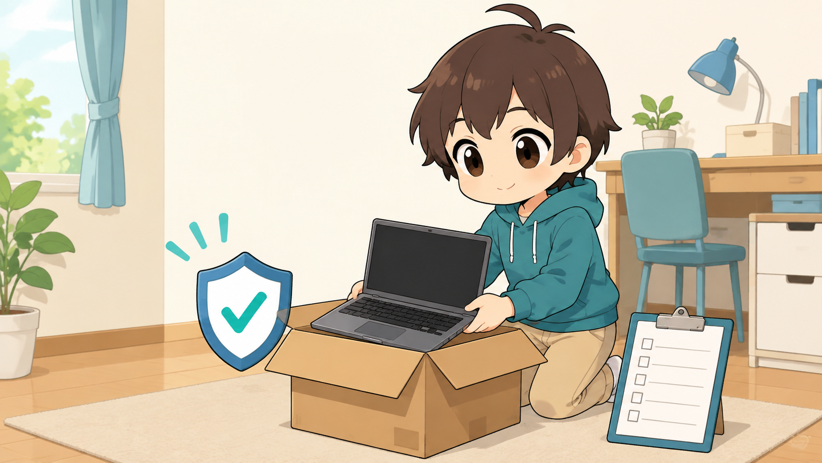 ちびキャラが古いノートパソコンを段ボールへ入れて回収準備をしているアニメ風イラスト