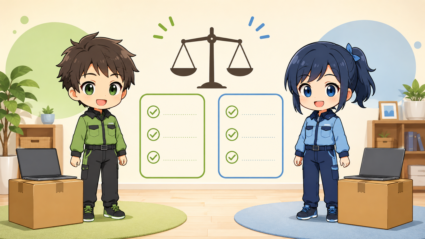 2人のちびキャラがノートパソコンの無料回収条件を公平に比較しているアニメ風イラスト