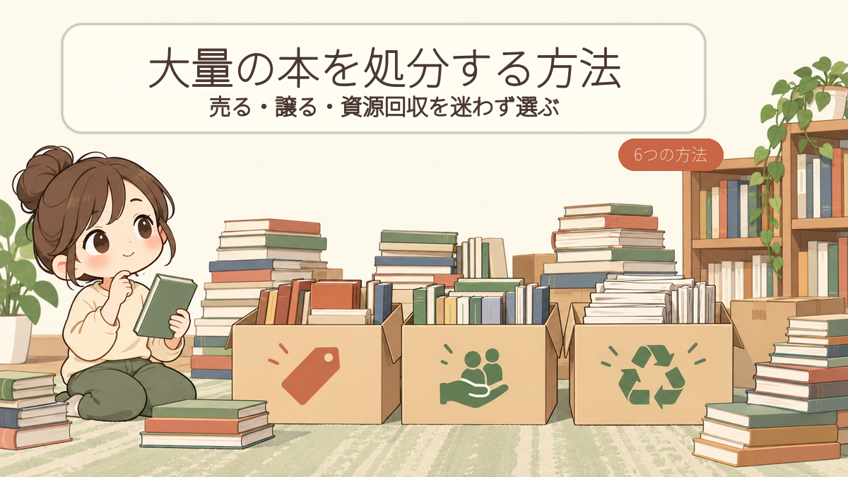 大量の本を売る・譲る・資源回収に分けるイラスト